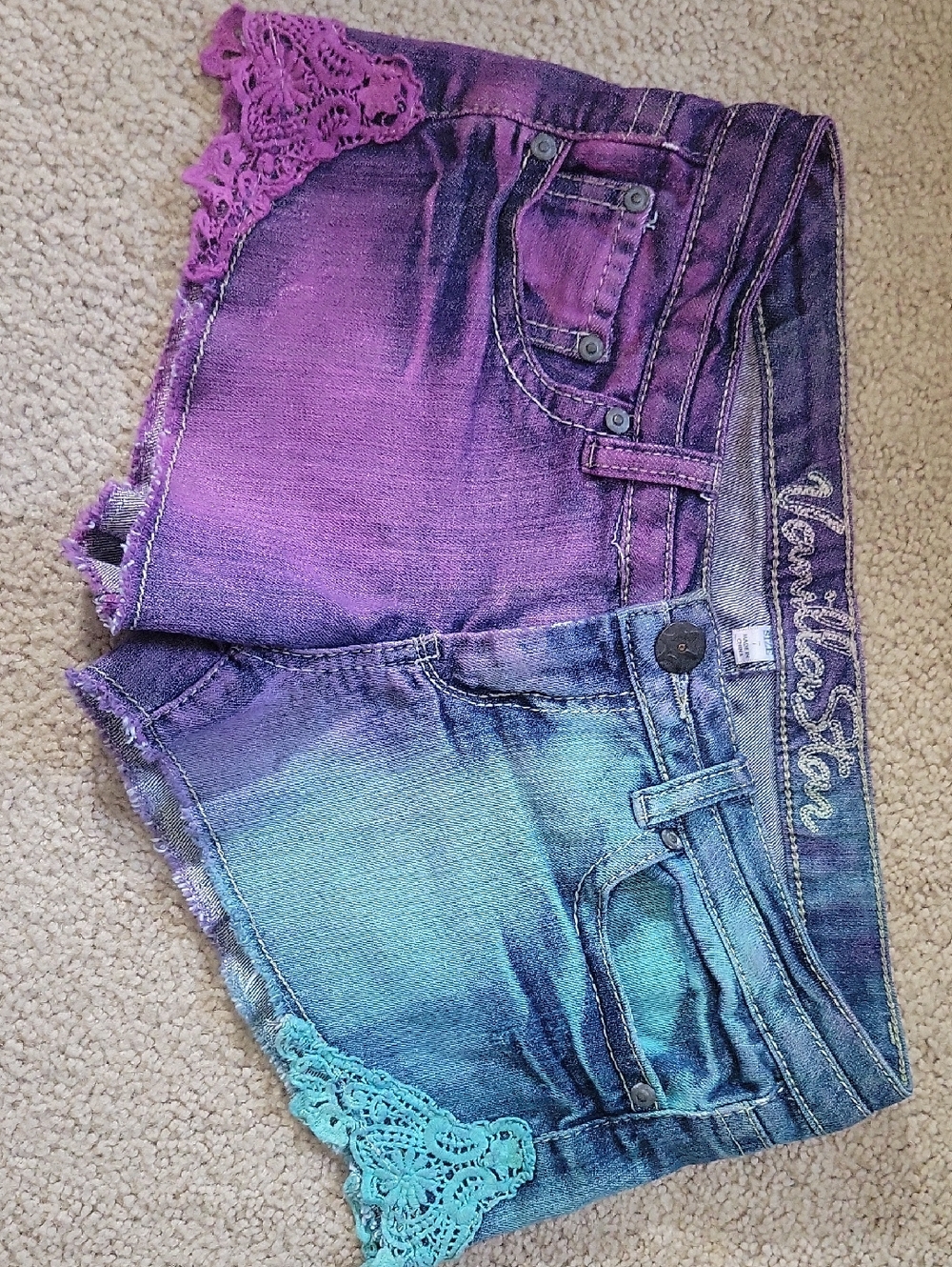 Ombre Purple to Teal Lace Denim Shorts Ooak